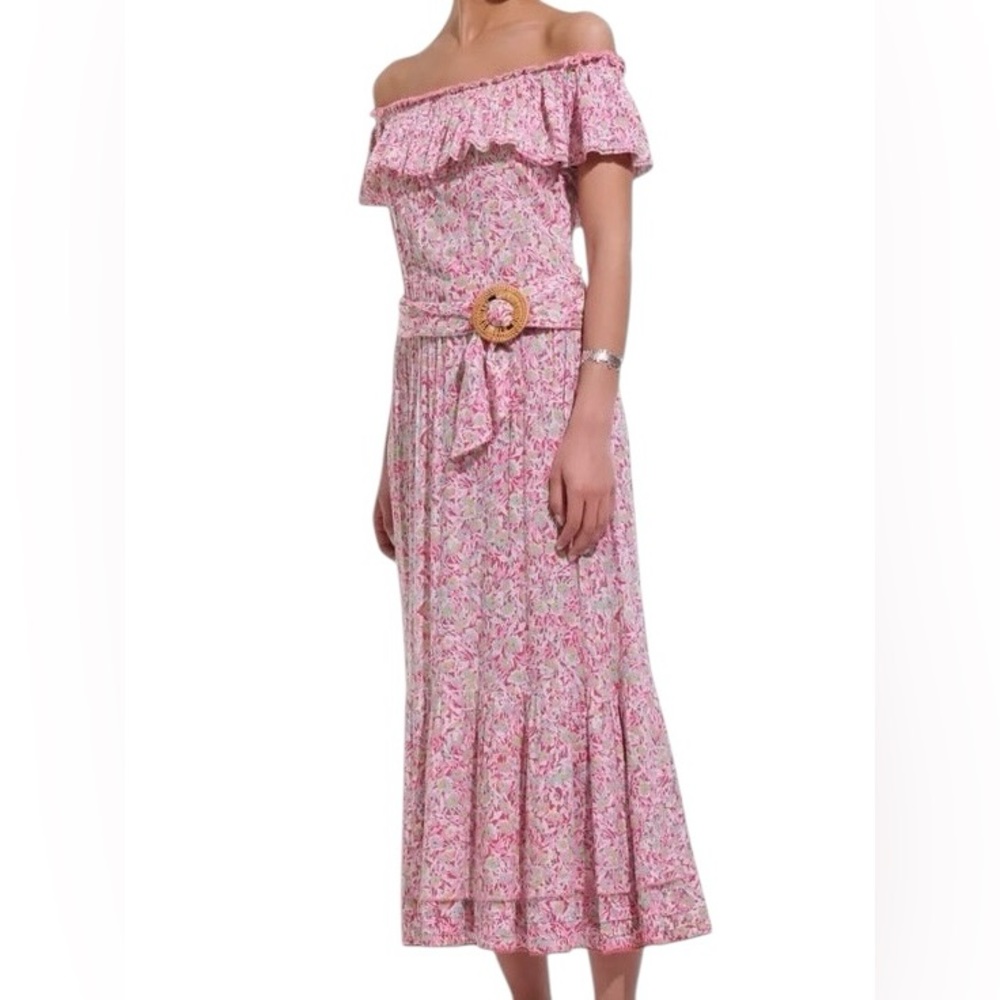 Poupette St. Barth Bella Floral Ruffle Off Shoulder Belted Midi Dress
